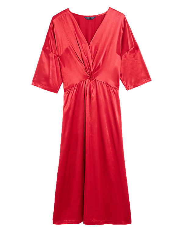 Satin V-Neck Midi Waisted Dress