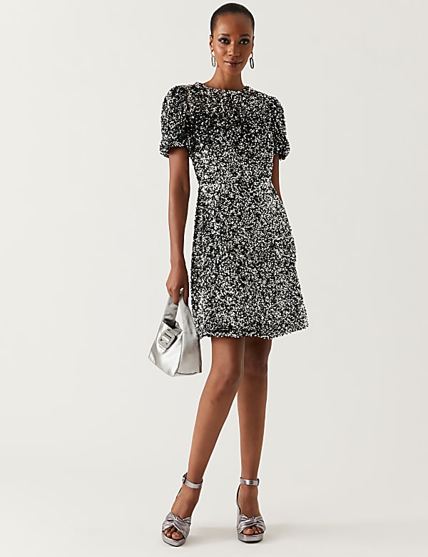 Sequin Round Neck Knee Length Tea Dress