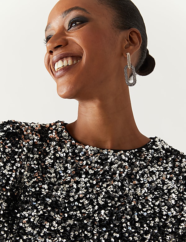 Sequin Round Neck Knee Length Tea Dress