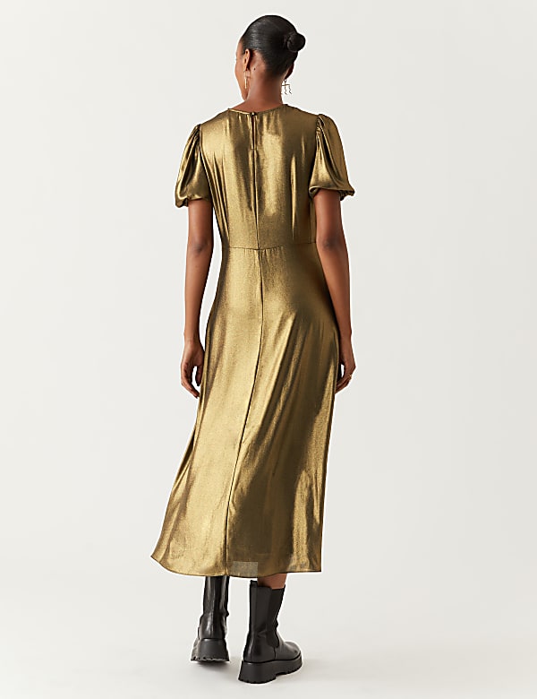 Lam&eacute; Round Neck Puff Sleeve Midi Tea Dress
