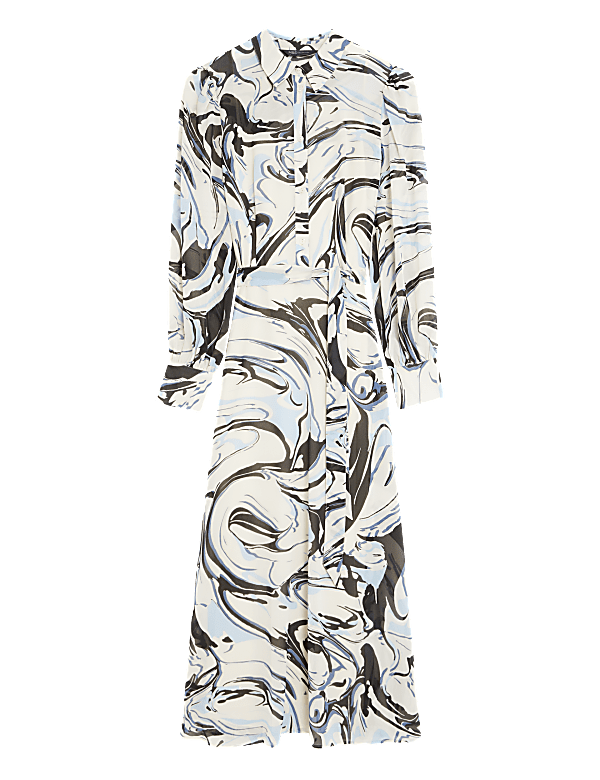 Marble Print Tie Waist Midi Shirt Dress