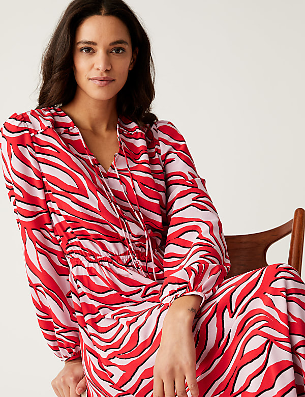 Zebra Print Tie Neck Midaxi Waisted Dress