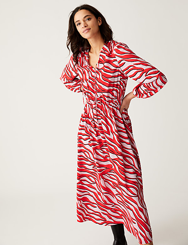 Zebra Print Tie Neck Midaxi Waisted Dress