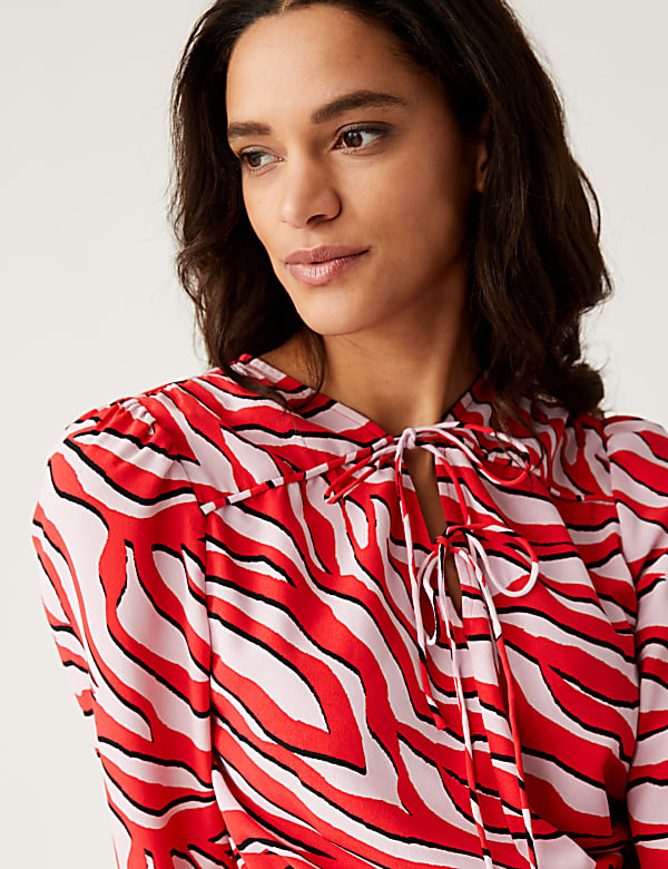 Zebra Print Tie Neck Midaxi Waisted Dress