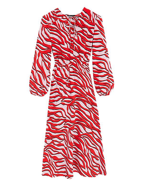 Zebra Print Tie Neck Midaxi Waisted Dress