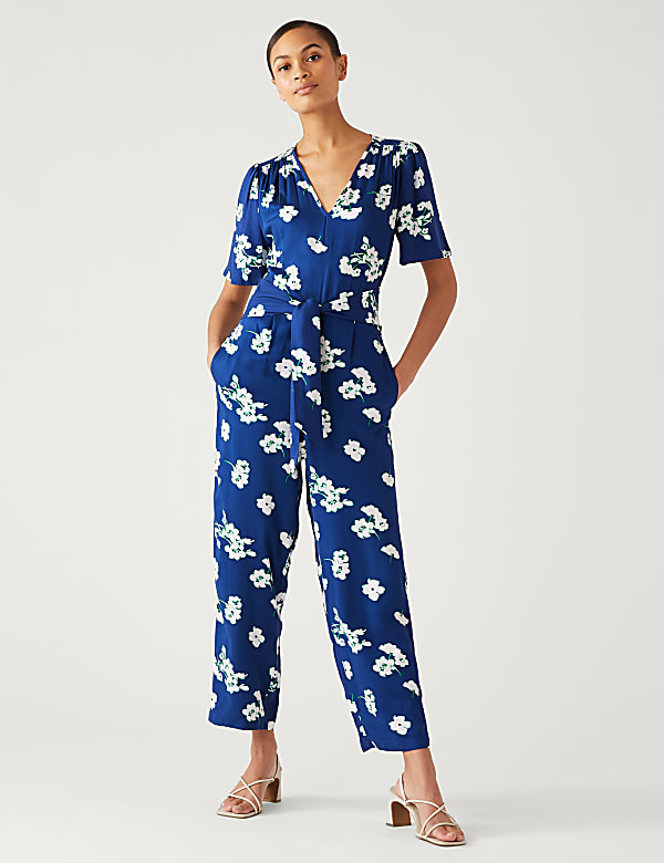 Floral Tie Detail Short Sleeve Jumpsuit
