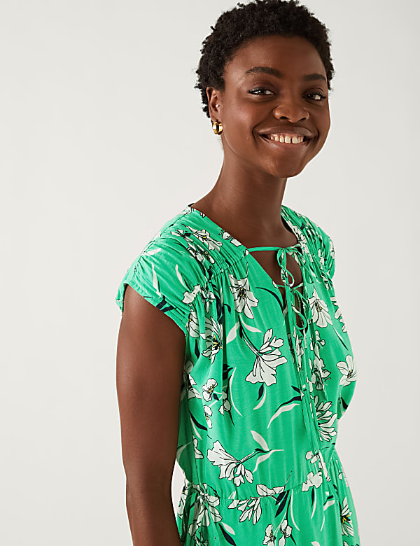 Floral Tie Neck Midaxi Waisted Dress