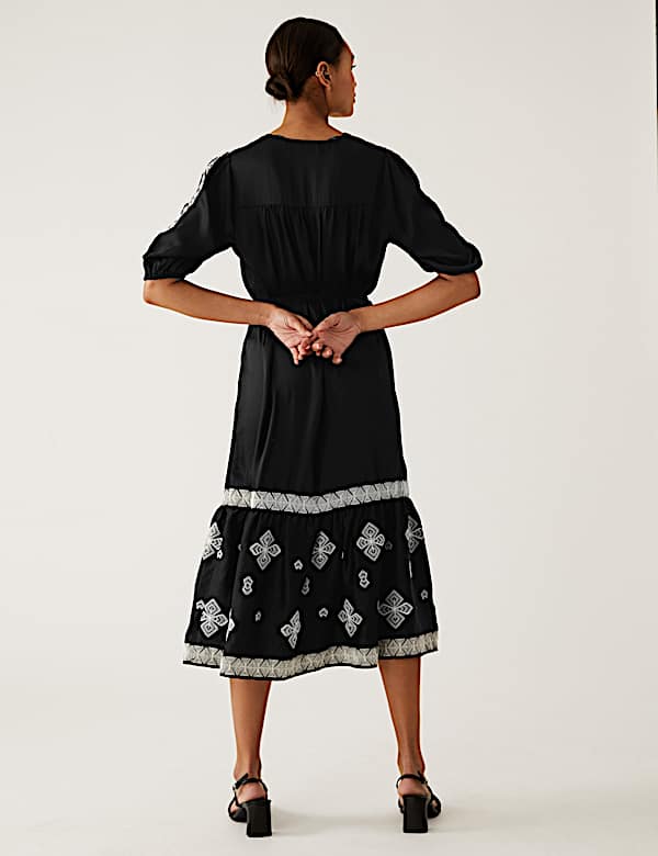 Embroidered V-Neck Midi Tiered Dress - JP