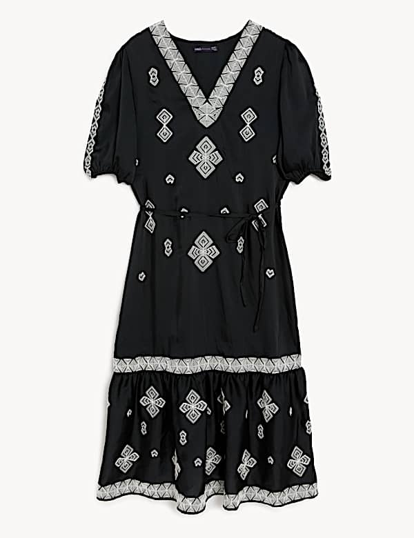 Embroidered V-Neck Midi Tiered Dress - JP