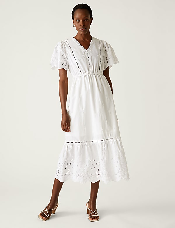 Pure Cotton Broderie V Neck Midi Tea Dress