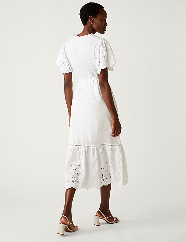 Pure Cotton Broderie V-Neck Midi Tea Dress