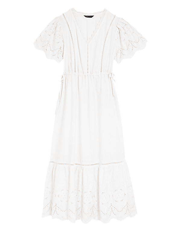 Pure Cotton Broderie V-Neck Midi Tea Dress