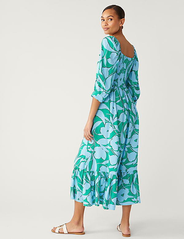 Floral Square Neck Midi Smock Dress
