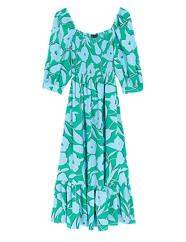 Floral Square Neck Midi Smock Dress