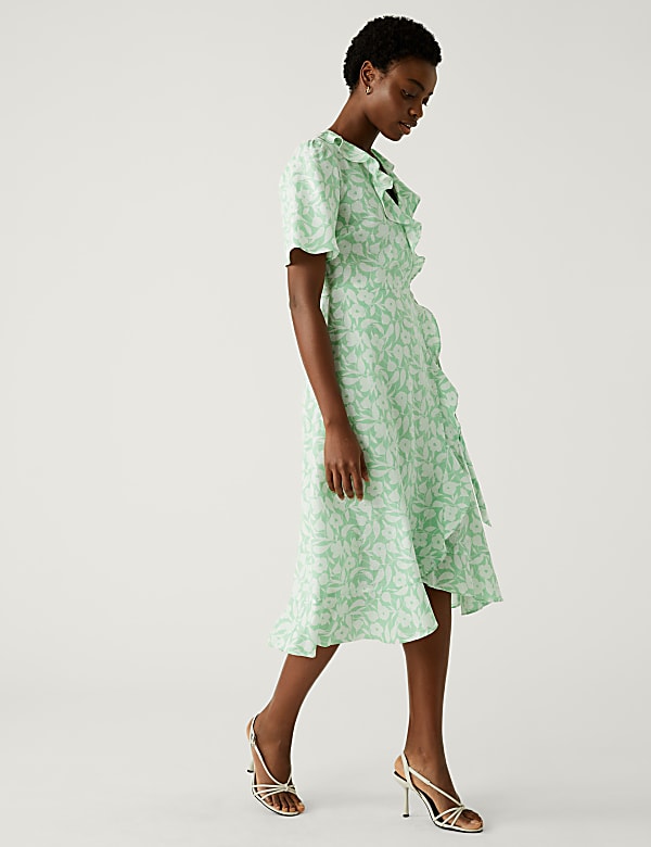 Linen Rich Floral V-Neck Midi Wrap Dress