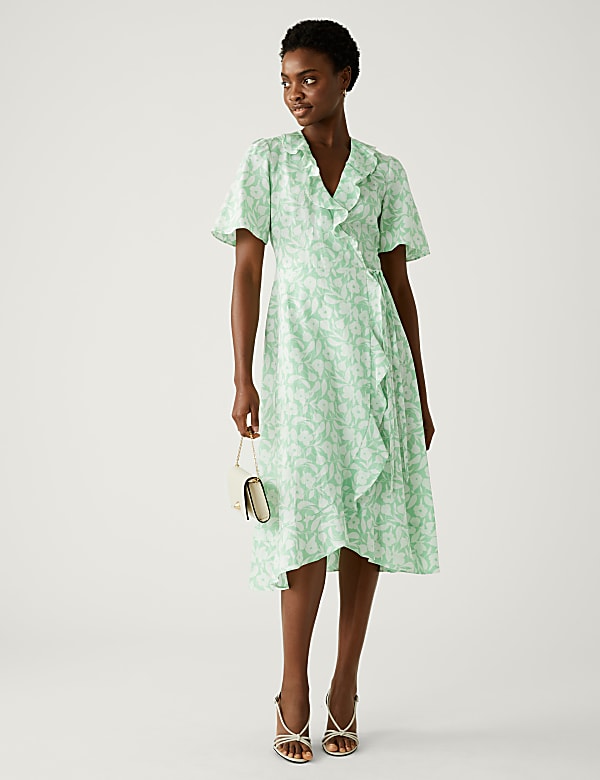 Linen Rich Floral V-Neck Midi Wrap Dress
