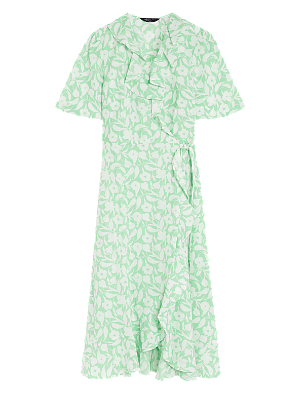 Linen Rich Floral V-Neck Midi Wrap Dress