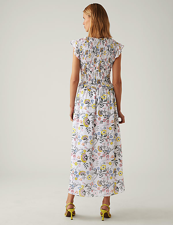 Floral V-Neck Shirred Midi Waisted Dress