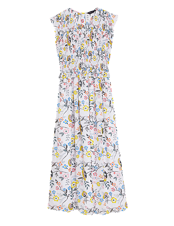 Floral V-Neck Shirred Midi Waisted Dress