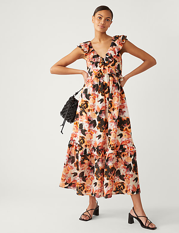 Robe midaxi à col V, motif fleuri et volants - LU