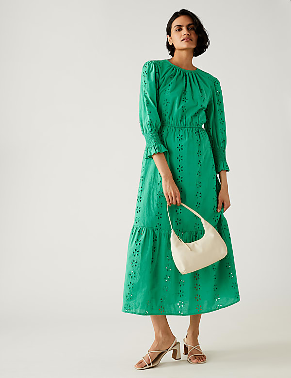 Pure Cotton Broderie Midi Waisted Dress
