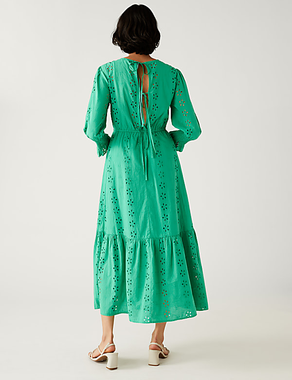 Pure Cotton Broderie Midi Waisted Dress