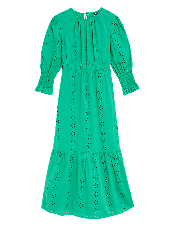 Pure Cotton Broderie Midi Waisted Dress