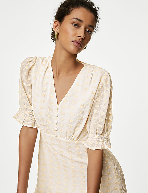 Embroidered V-Neck Midi Tea Dress