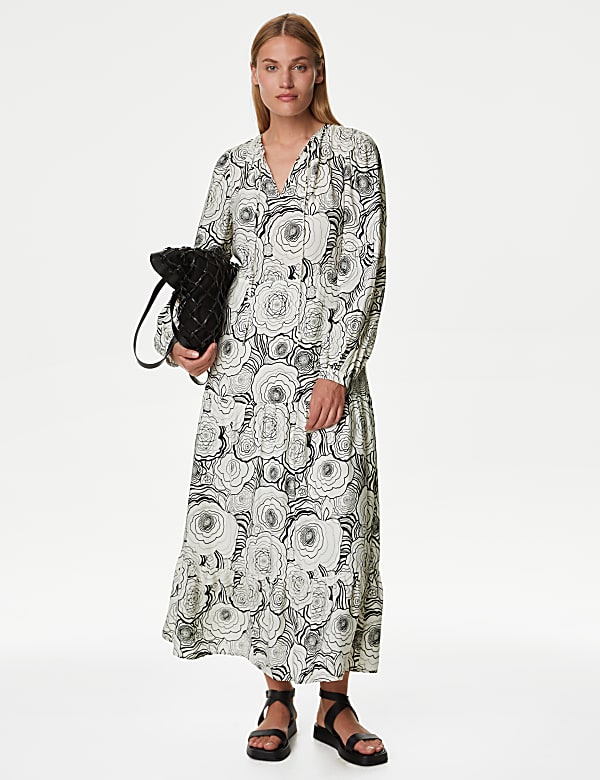 Floral Tie Neck Midaxi Relaxed Tiered Dress