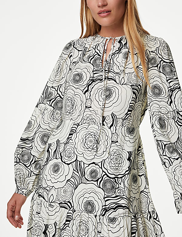 Floral Tie Neck Midaxi Relaxed Tiered Dress