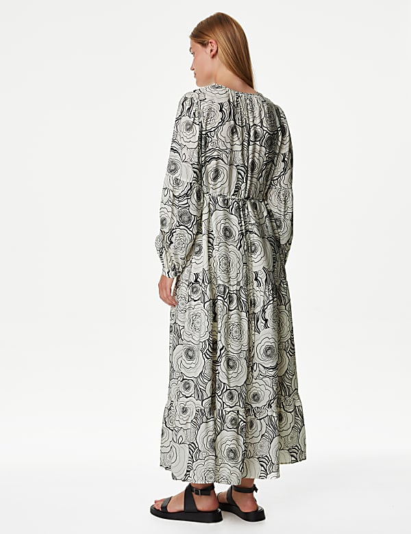 Floral Tie Neck Midaxi Relaxed Tiered Dress