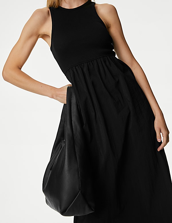Jersey Round Neck Midi Waisted Dress