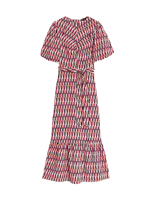 Geometric Puff Sleeve Midi Tea Dress