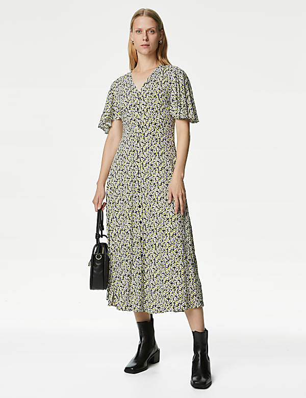 Printed V-Neck Midi Tea Dress - NL