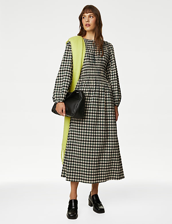 Cotton Blend Checked Midaxi Waisted Dress