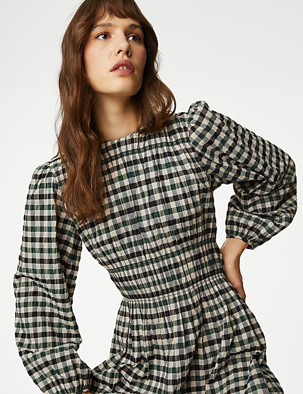 Cotton Blend Checked Midaxi Waisted Dress