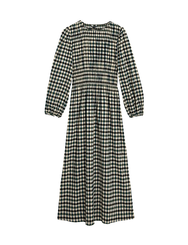 Cotton Blend Checked Midaxi Waisted Dress