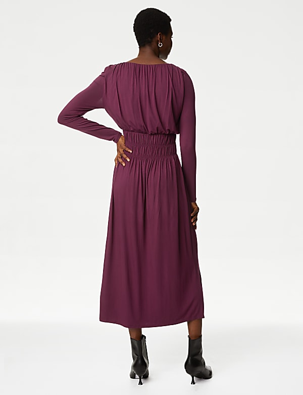 Round Neck Ruched Midi Smock Dress