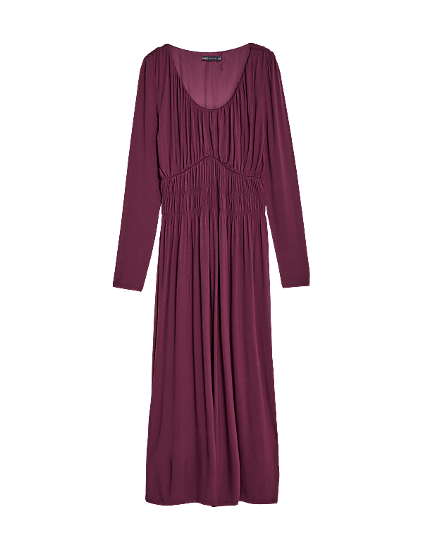 Round Neck Ruched Midi Smock Dress