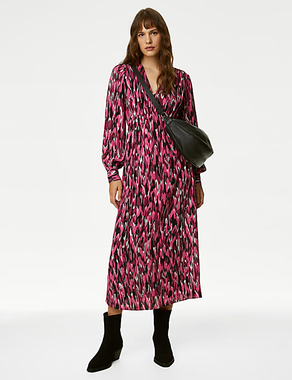 Printed V Neck Midaxi Tea Dress BLACK MIX Dresses M S MY