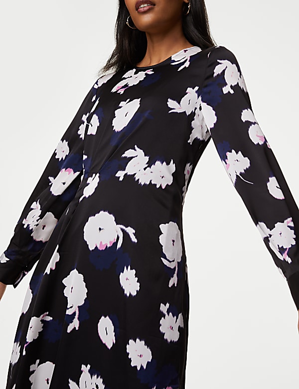 Satin Floral Round Neck Midi A-Line Dress