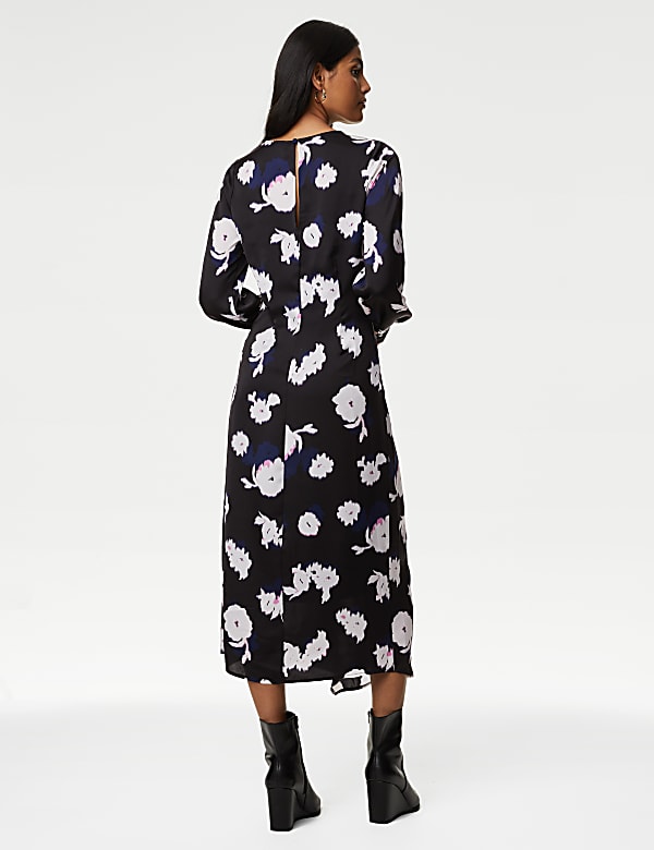 Satin Floral Round Neck Midi A-Line Dress