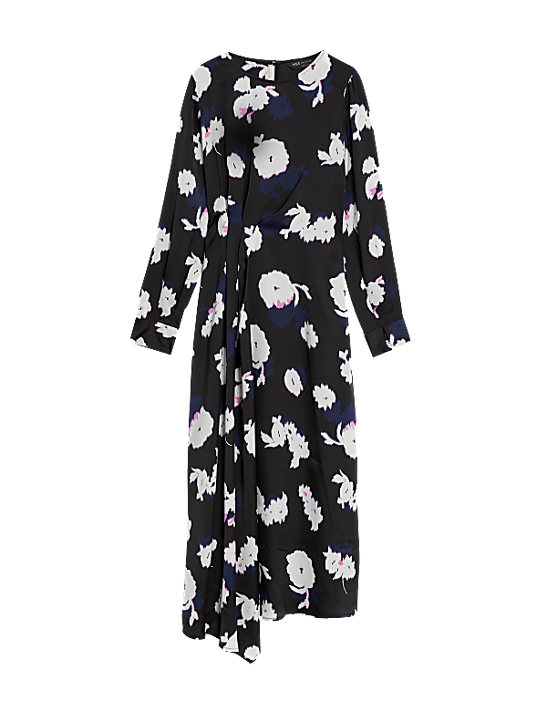 Satin Floral Round Neck Midi A Line Dress