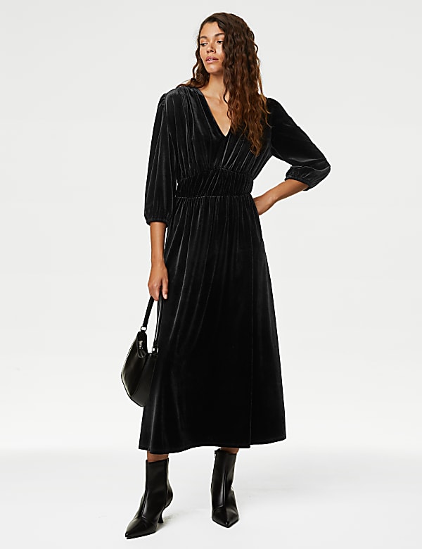 Velvet V Neck Midi Tea Dress