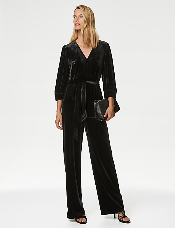 Velvet V-Neck Belted 3/4 Sleeve Jumpsuit - LT