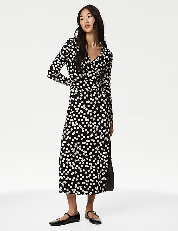 Jersey Polka Dot V Neck Midi Wrap Dress