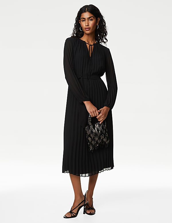 Tie Neck Pleated Belted Midi Column Dress BLACK Dresses M S AT