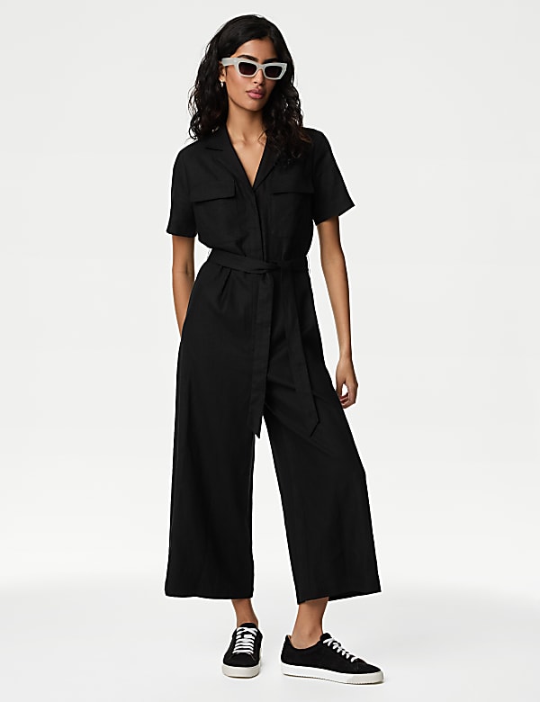 Linen Blend Belted Utility Jumpsuit