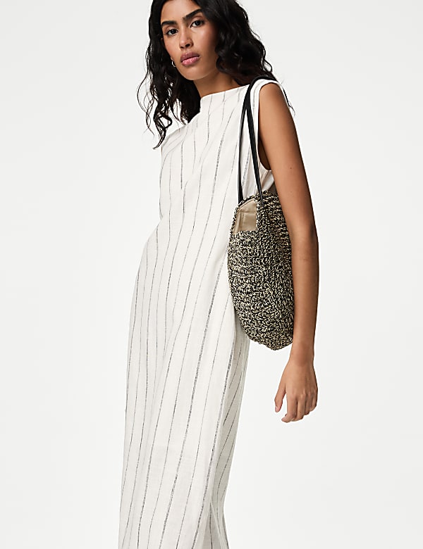 Gaun Bodycon Midaxi Motif Garis Campuran Linen - ID