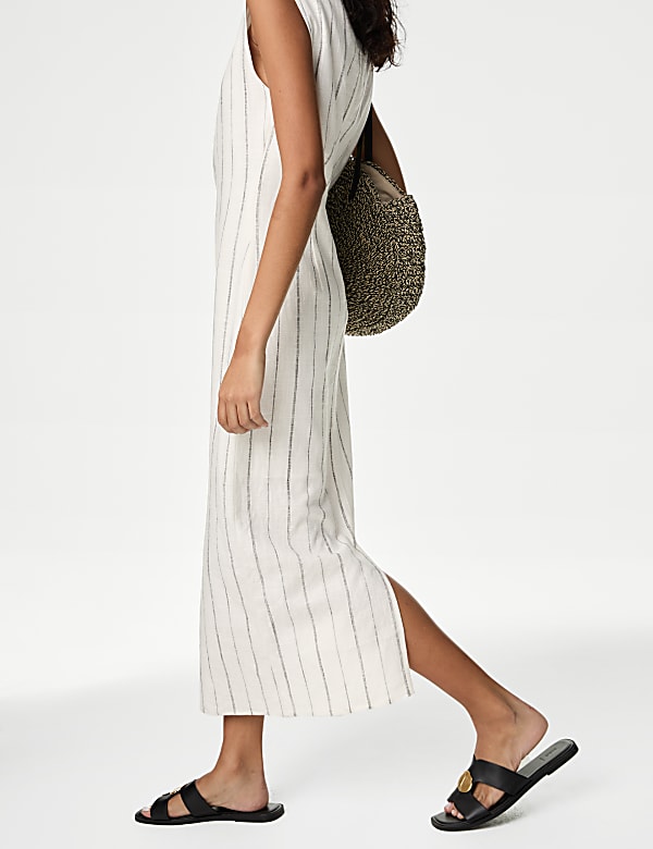 Gaun Bodycon Midaxi Motif Garis Campuran Linen - ID